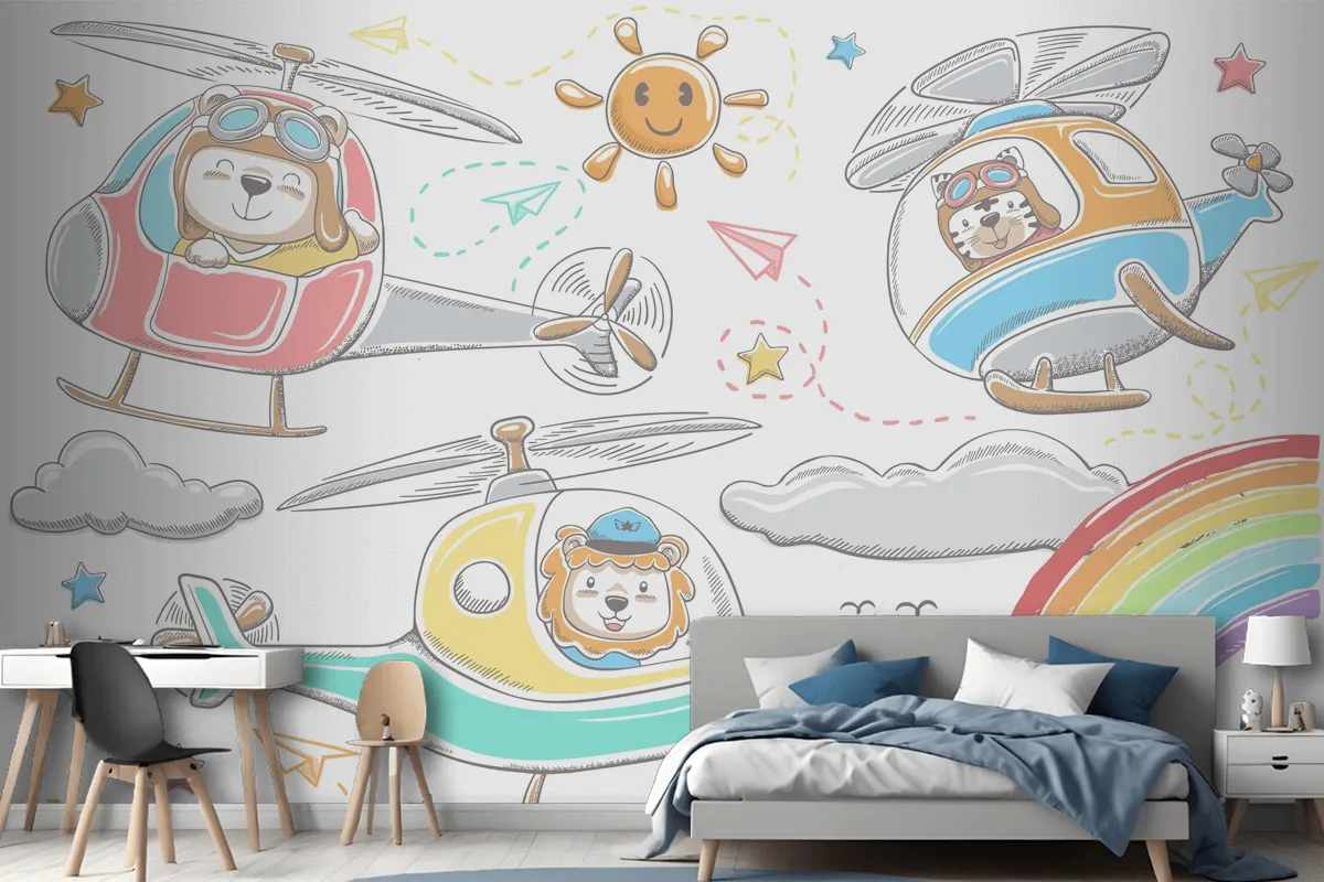 Hand Drawn Funny Animals Cartoon On Helicopters Sky Object Elements Cartoon Wallpaper Mural