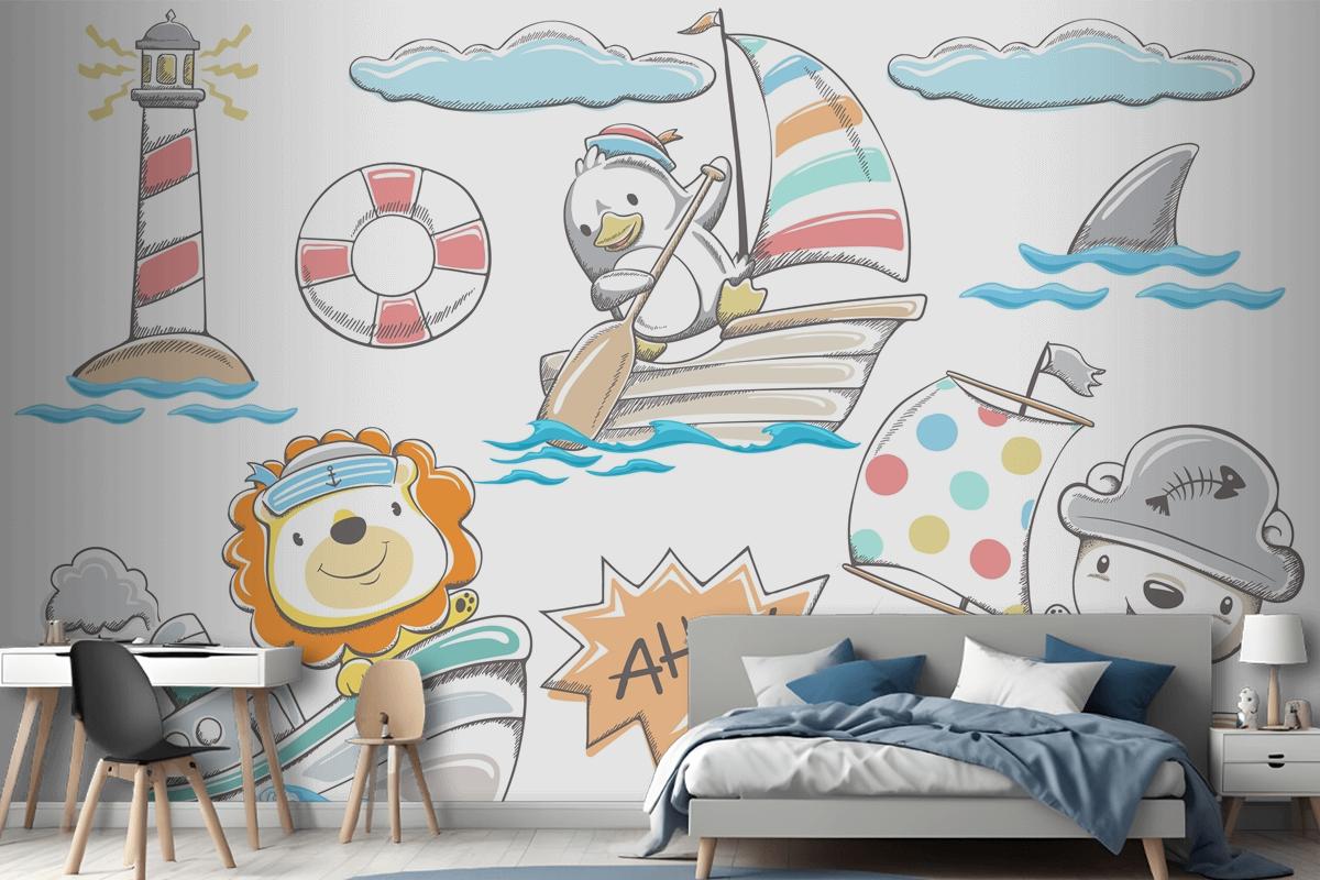 Hand Drawn Funny Animals Sailor With Sea Elements Wallpaper Mural