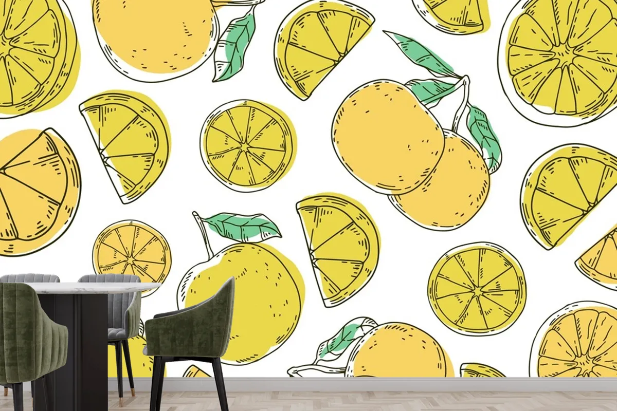 Hand Drawn Lineal Engraved Lemon Pattern Wallpaper Mural