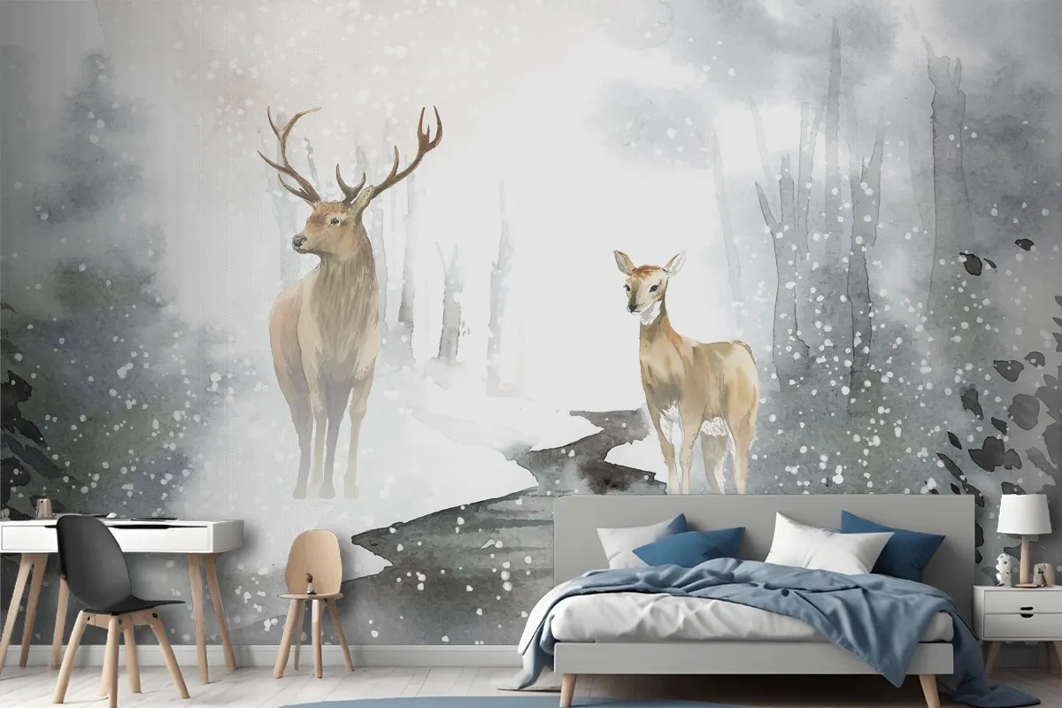 Handdrawn Pair Of Deer Watercolor Style Wallpaper Mural