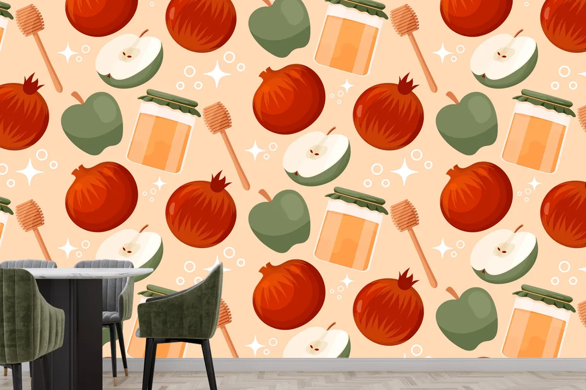 Hand Drawn Pattern Design For Jewish New Year Rosh Hashanah Celebration Wallpaper Mural