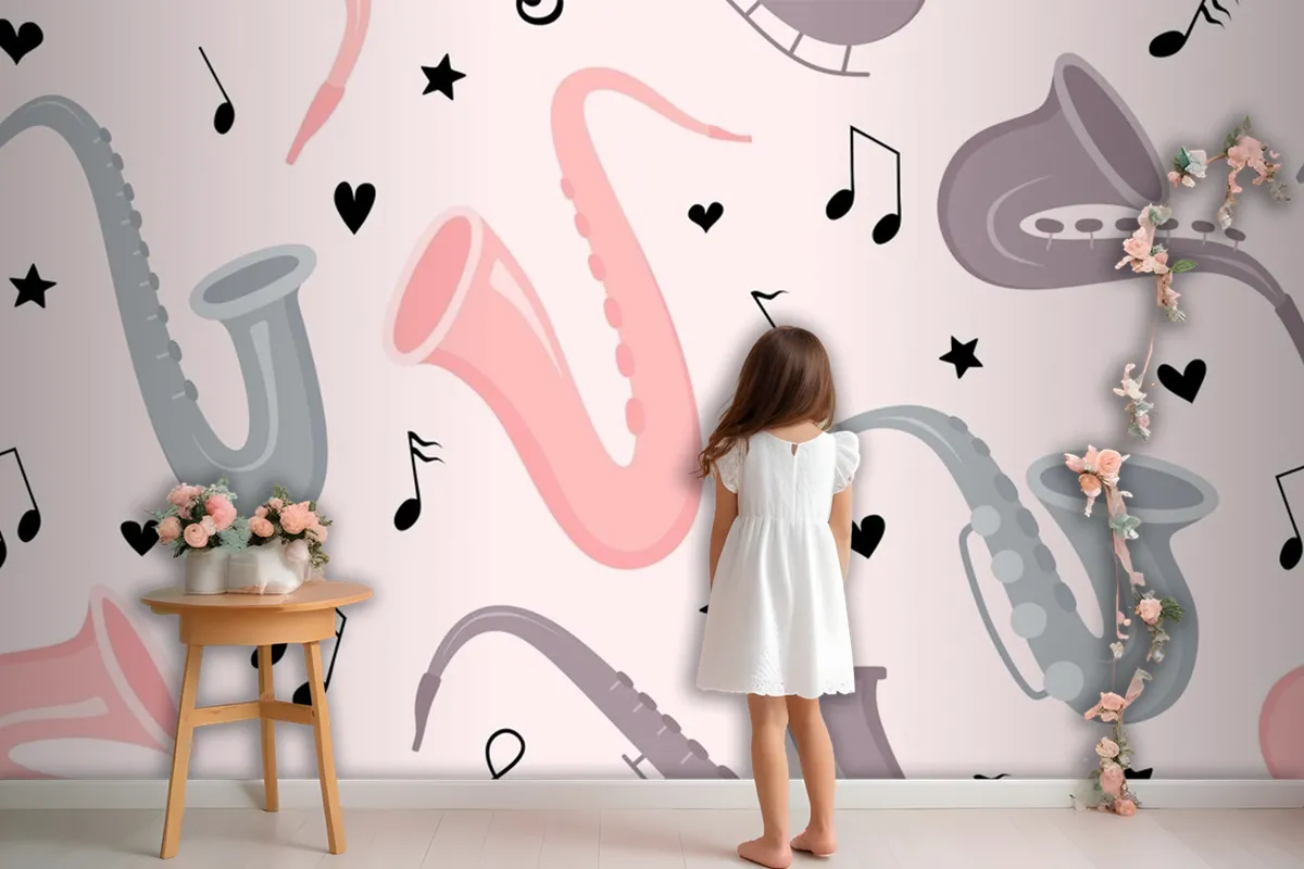 Hand Drawn Saxophone Seamless Pattern Wallpaper Mural