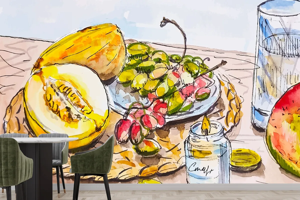 Hand Drawn Sketch Fruits On The Table At The Kitchen Grape Melon Mango Wallpaper Mural