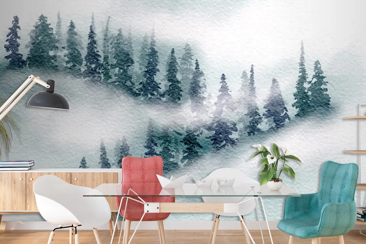 Hand Painted Japanese Themed Watercolour Landscape Wallpaper Mural