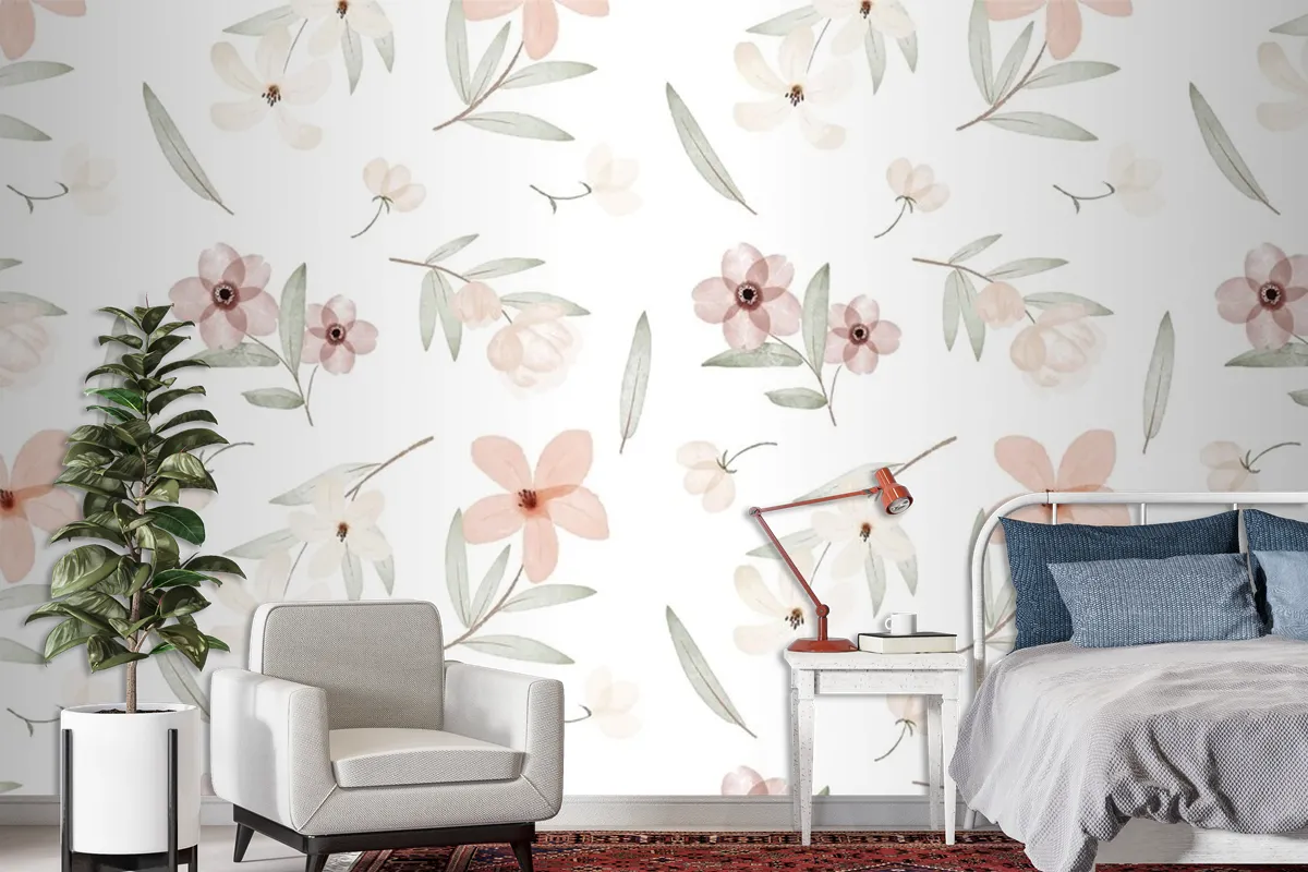 Hand Painted Watercolor Botanical Pattern Wallpaper Mural