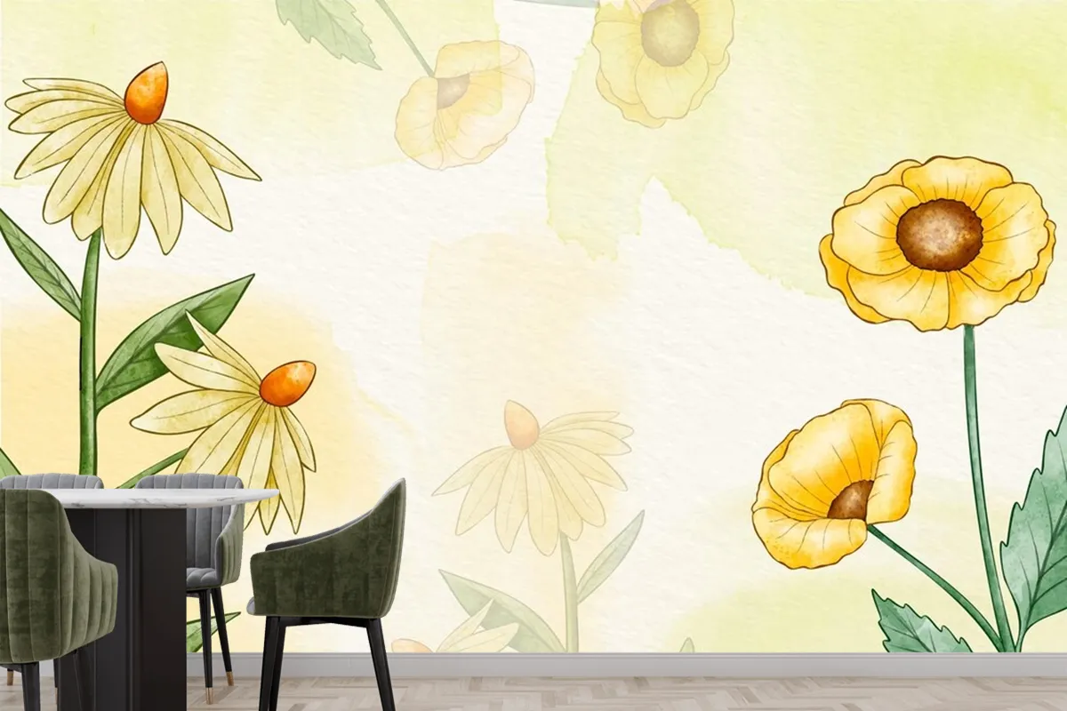 Hand Painted Watercolor Floral Kitchen Wallpaper Mural