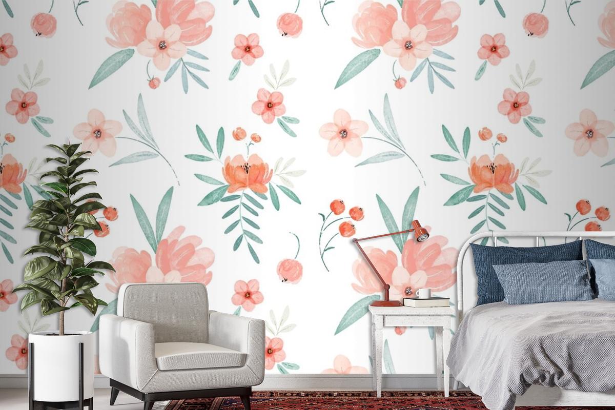 Hand Painted Watercolor Floral Pattern In Peach Tones Wallpaper Mural