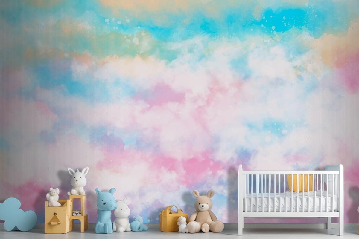 Hand Painted Watercolor Pastel Sky Background Girl Wallpaper Mural