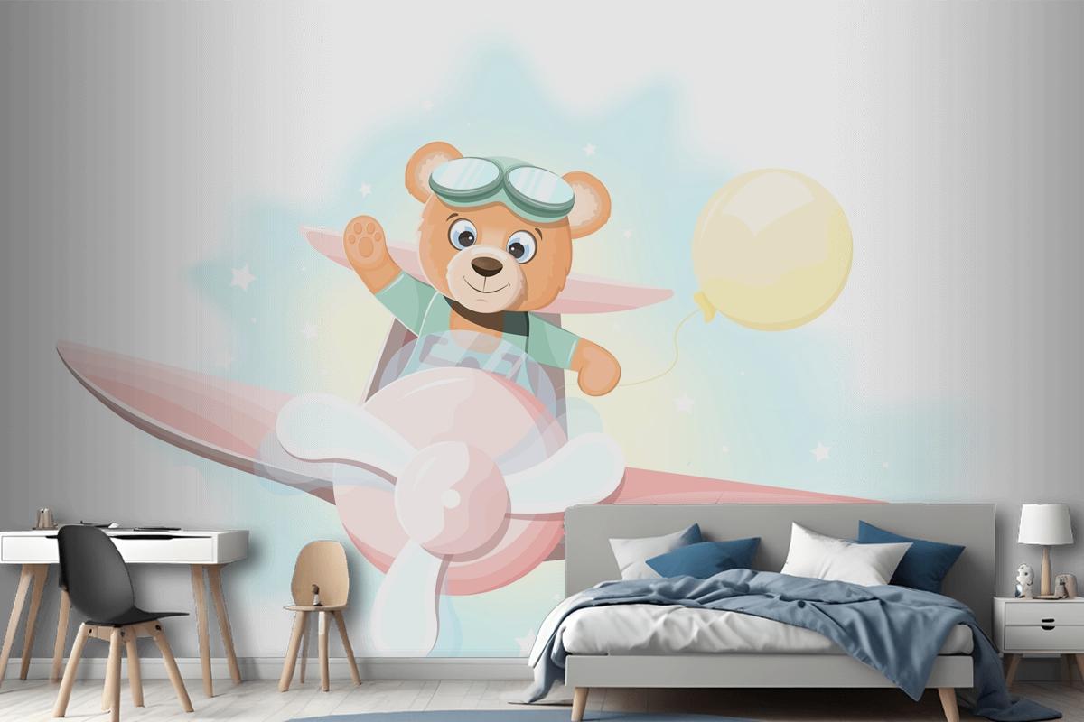 Happy Teddy Bear Flying On An Airplane Wallpaper Mural