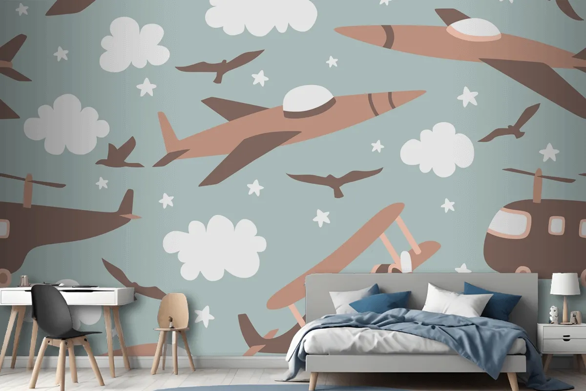 Hipster Doodles Colorful Seamless Pattern With Plane Drawing Boy Wallpaper Mural