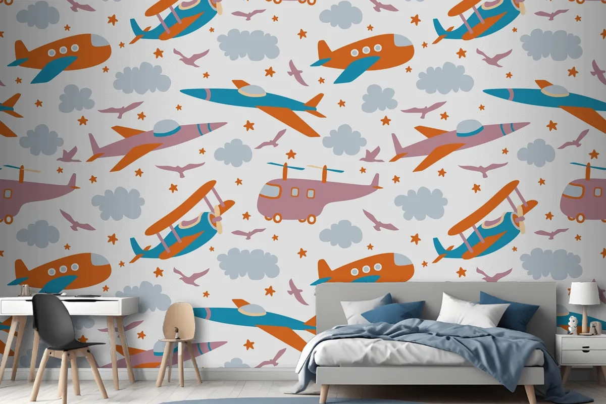 Hipster Doodles Colorful Seamless Pattern With Plane Drawing Wallpaper Mural