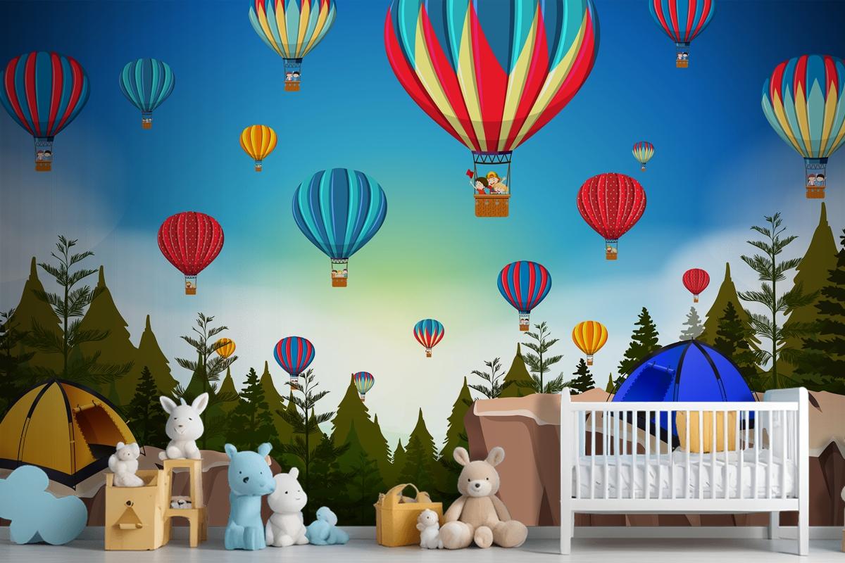 Hot Air Balloon In Nature Landscape Wallpaper Mural