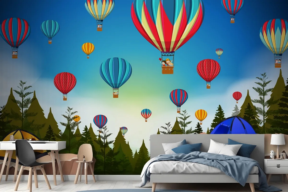 Hot Air Balloon In Nature Landscape Wallpaper Mural