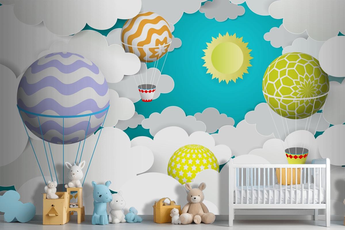 Hot Air Balloons In The Sky Paper Art Style Wallpaper Mural