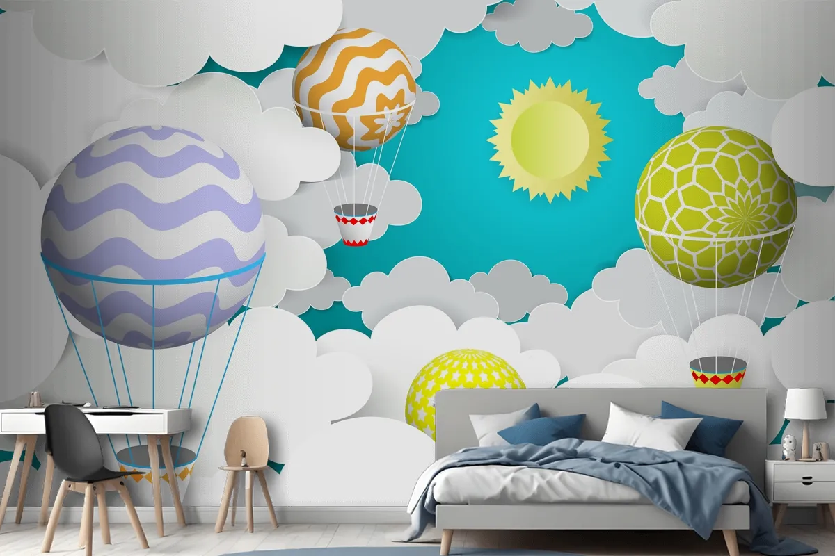 Hot Air Balloons In The Sky Paper Art Style Wallpaper Mural