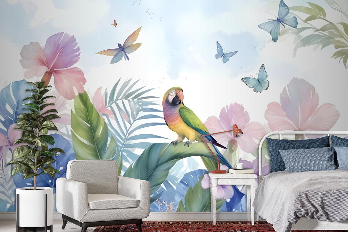 Hydrangea And Peony With Parrot Wallpaper Mural