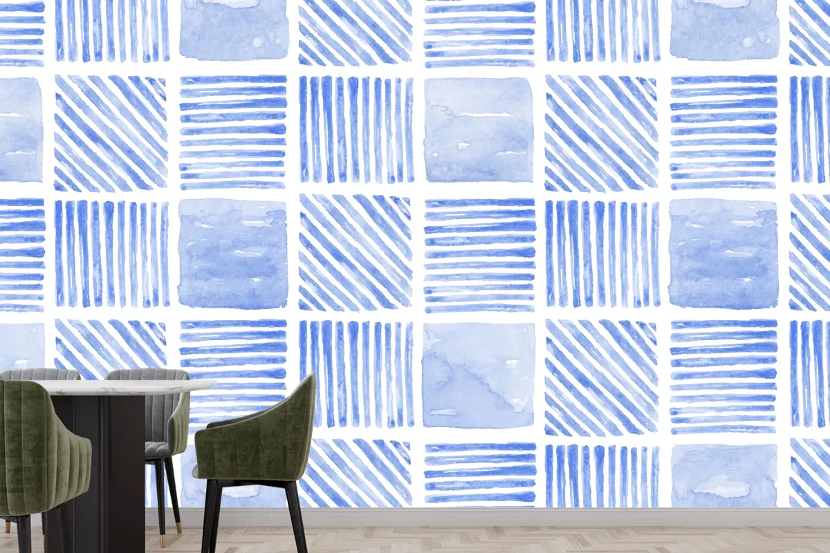 Indigo Blue Watercolor Geometric Seamless Patterned Wallpaper Mural