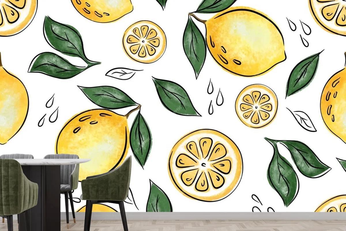 Juicy Seamless Pattern With Lemons And Leaves Wallpaper Mural