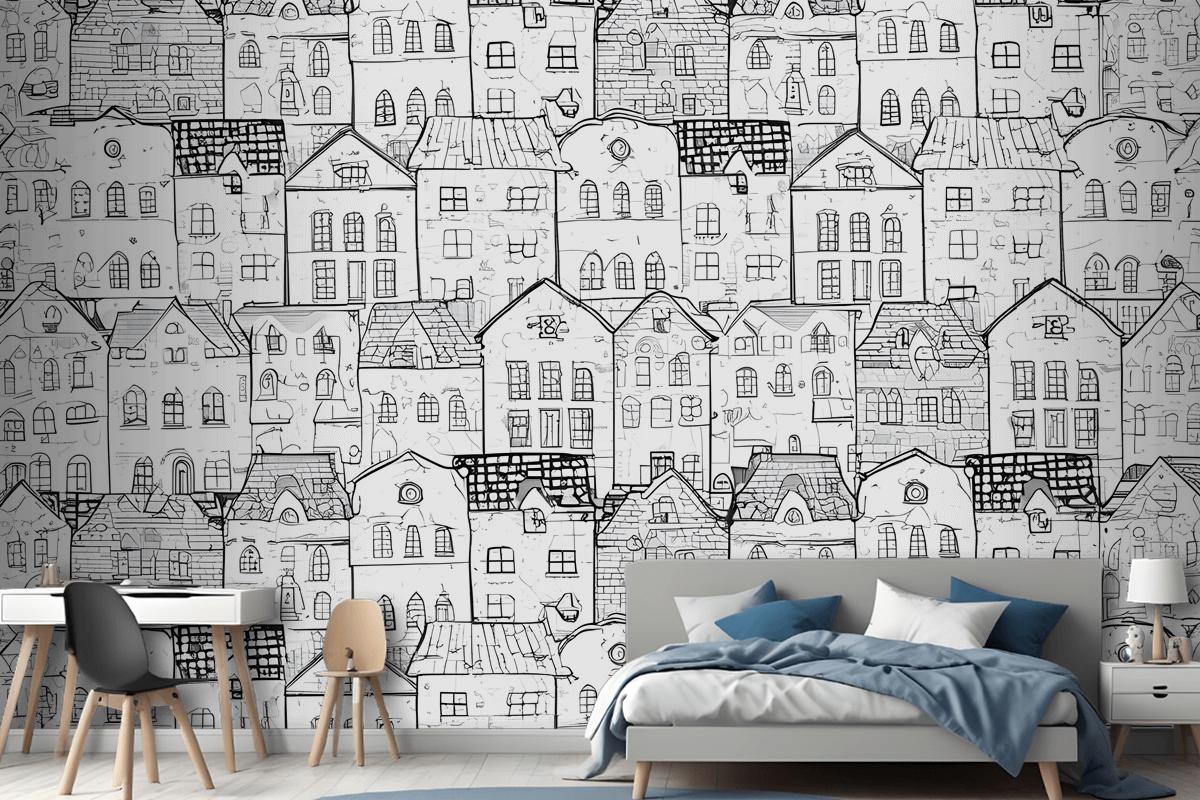 Kids Black And White Sketch House Wallpaper Mural