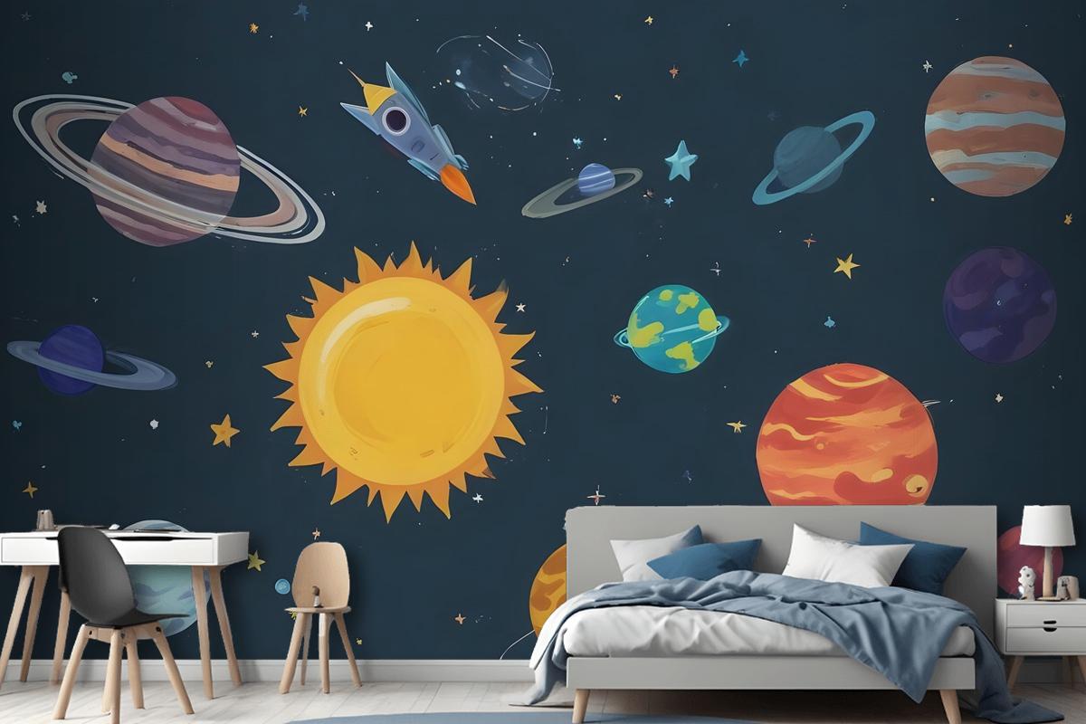 Kids Boys Watercolor Space And Solar System Wallpaper Mural