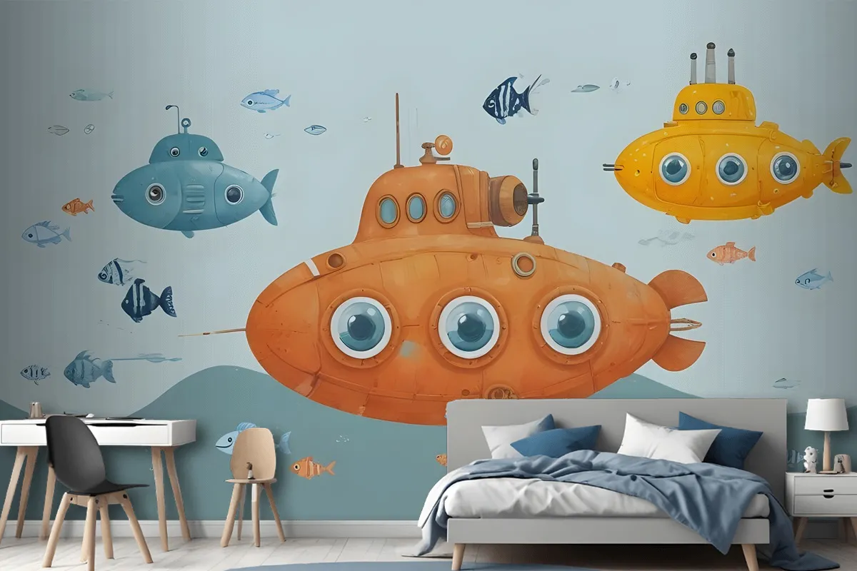 Kids Boys Watercolor Underwater With Submarine Wallpaper Mural