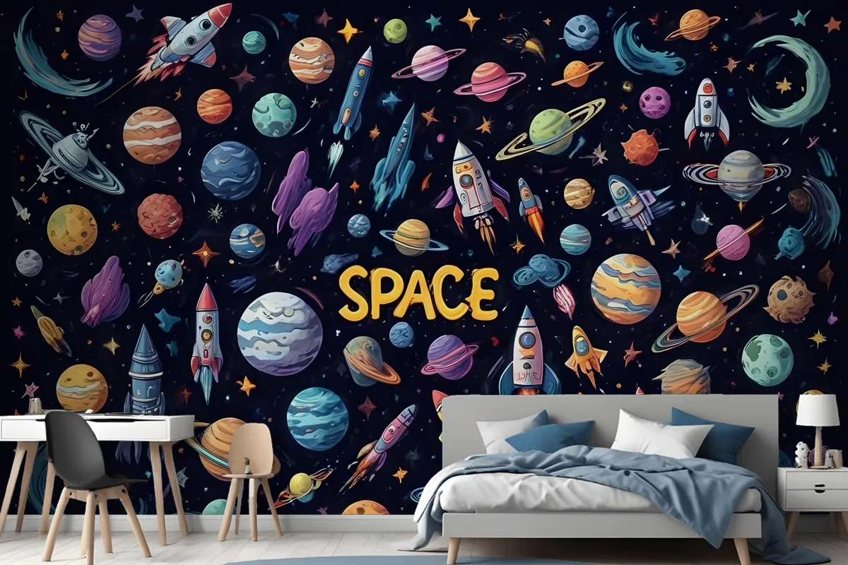 Kids Cartoon Space With Astronaut And Colorful Planets Wallpaper Mural