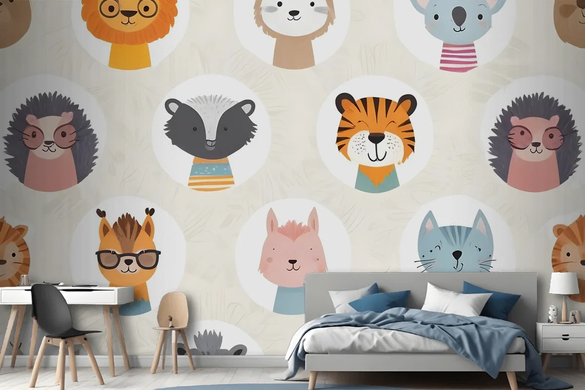 Kids Cute Safari Animals Pattern Wallpaper Mural