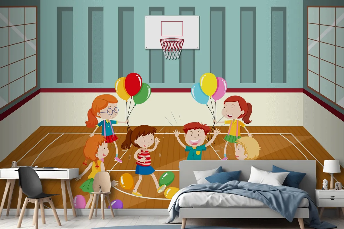 Kids Doing Physical Activity With Balloons Wallpaper Mural