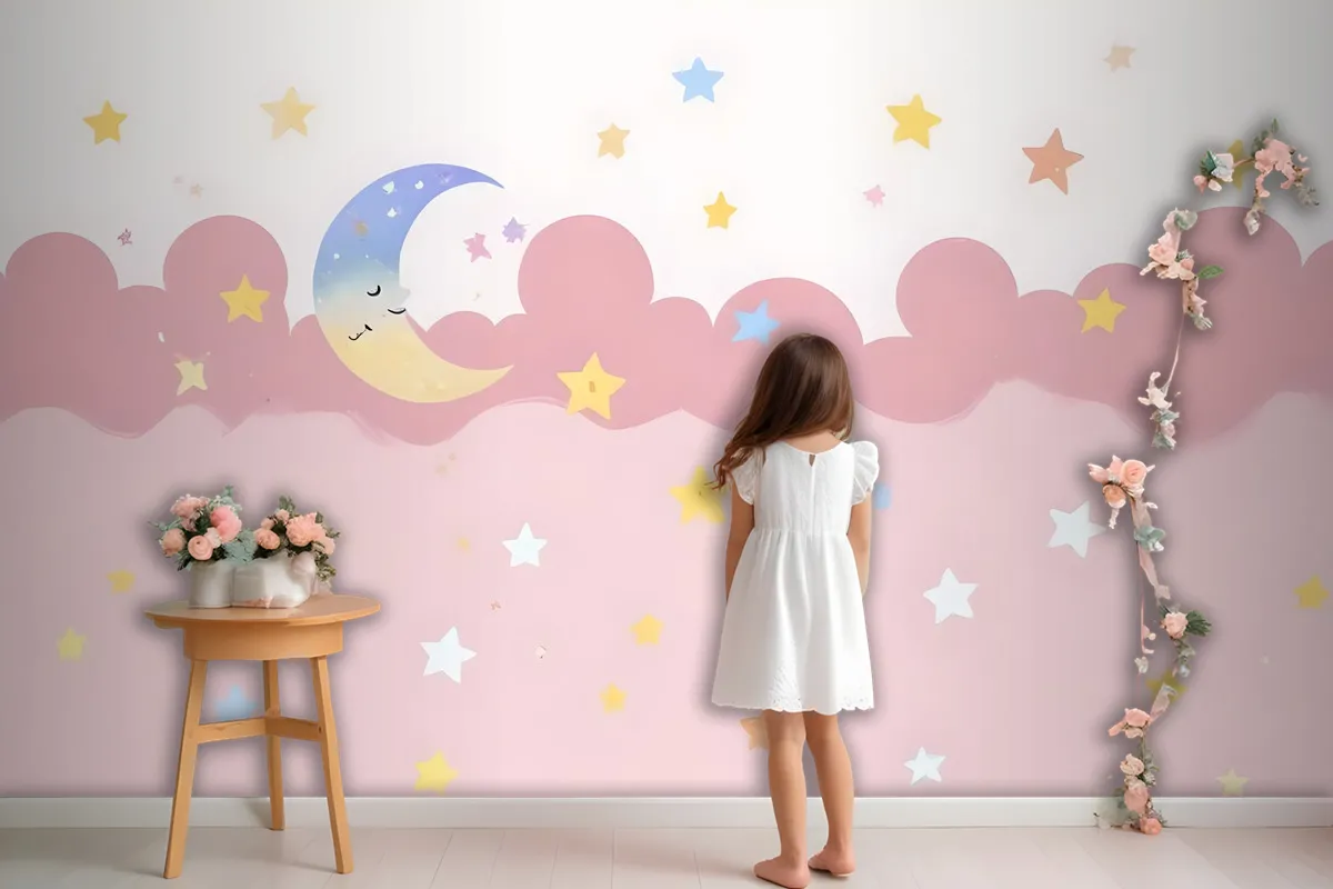 Kids Girls Pink Night With Sleeping Moon Wallpaper Mural