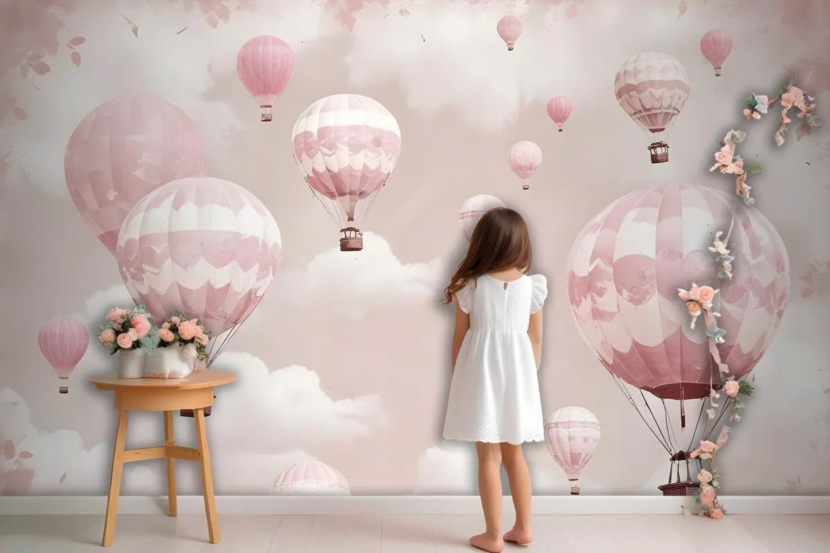 Kids Girls Pink Sky Of Hot Air Balloon Wallpaper Mural