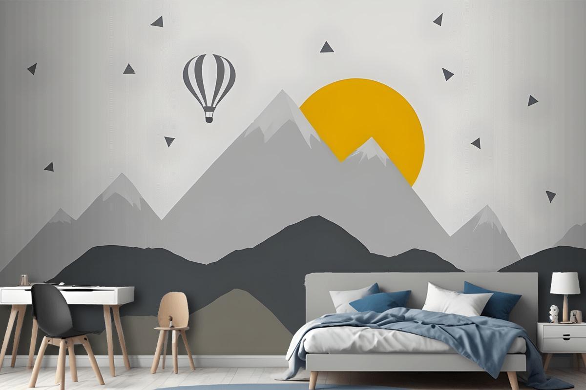 Kids Gray Geometric Mountainscape And Hot Air Balloon Wallpaper Mural