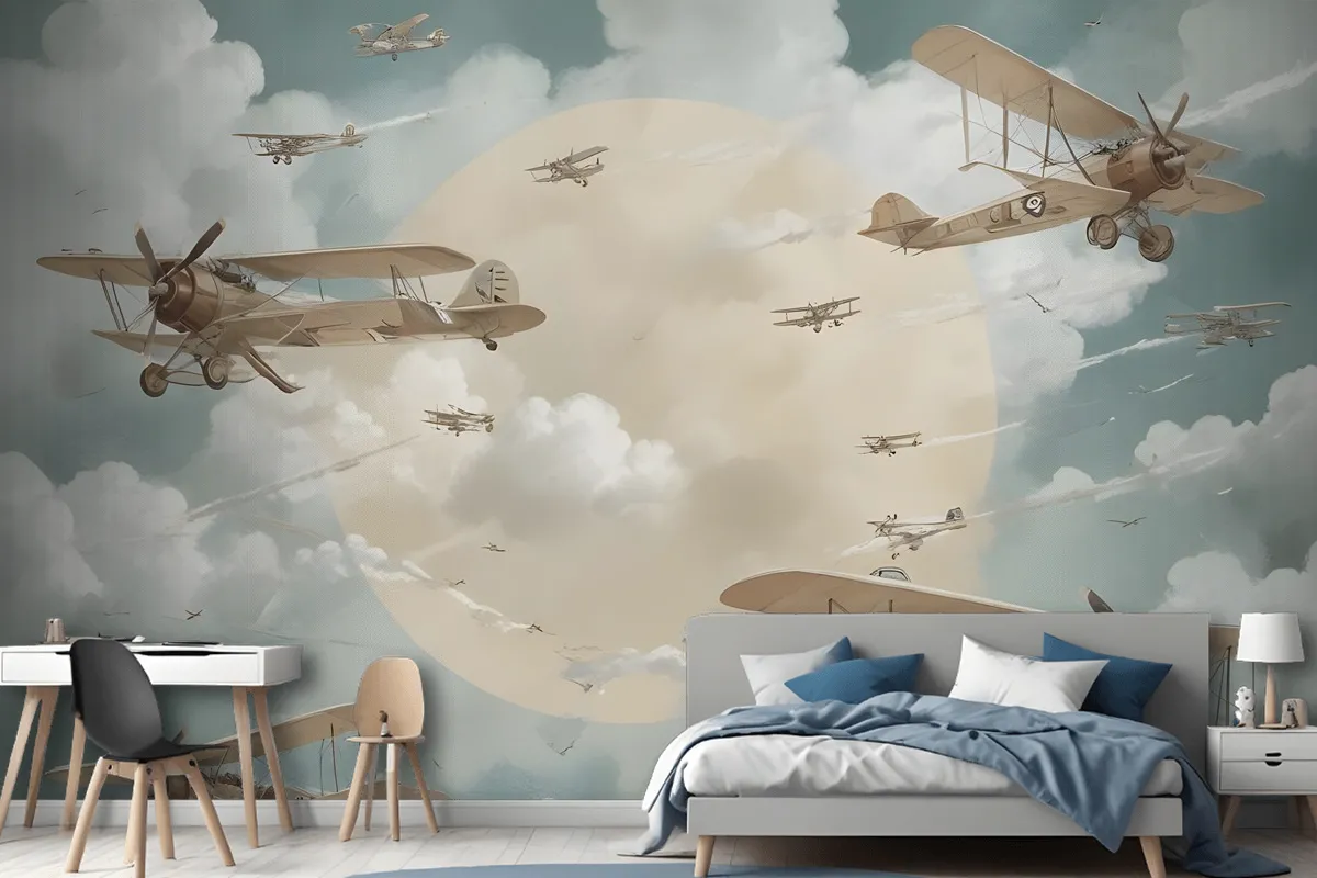 Kids Moon With Aircraft Wallpaper Mural