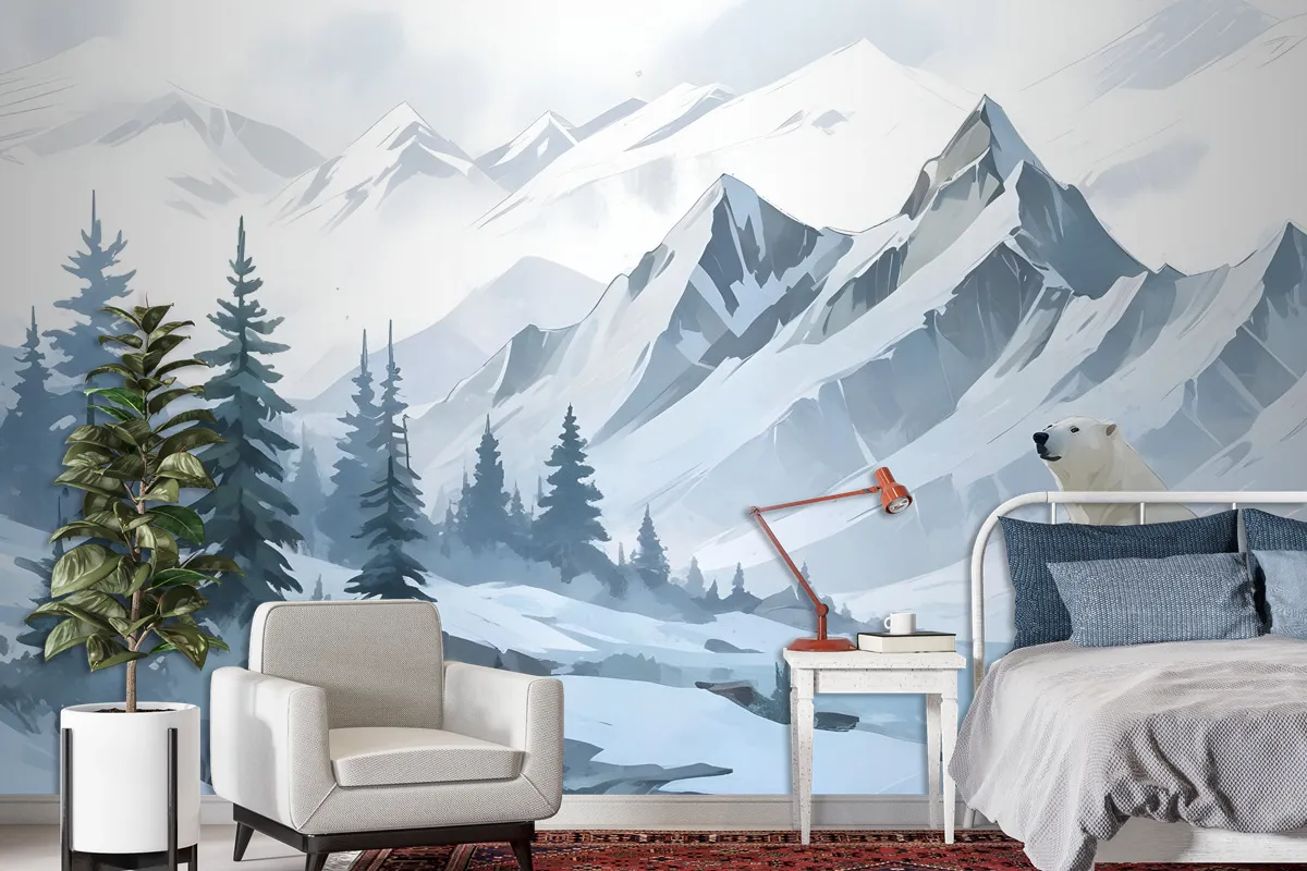 Kids Mountain Landscape With Cartoon Bear Wallpaper Mural