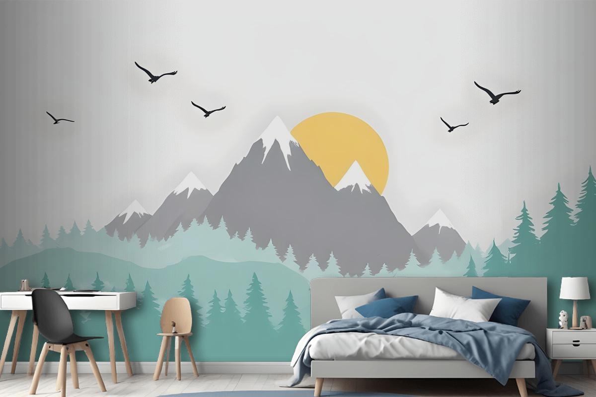 Kids Mountain Landscape With Trees Wallpaper Mural