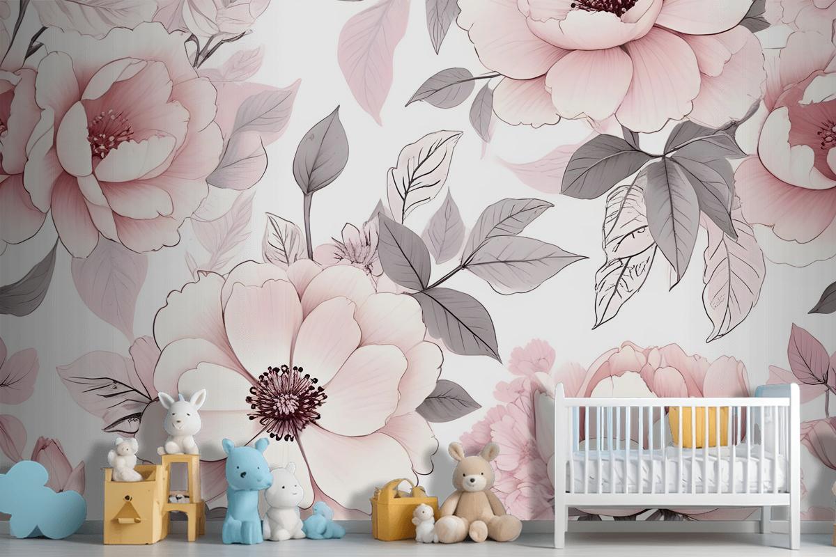 Kids Nursery Floral Pink Rose Pattern Wallpaper Mural