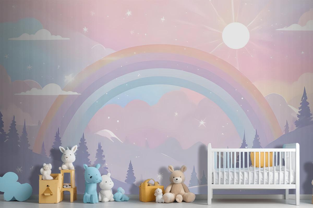 Kids Nursery Rainbow With Colorful Mountains And Shiny Stars Wallpaper Mural