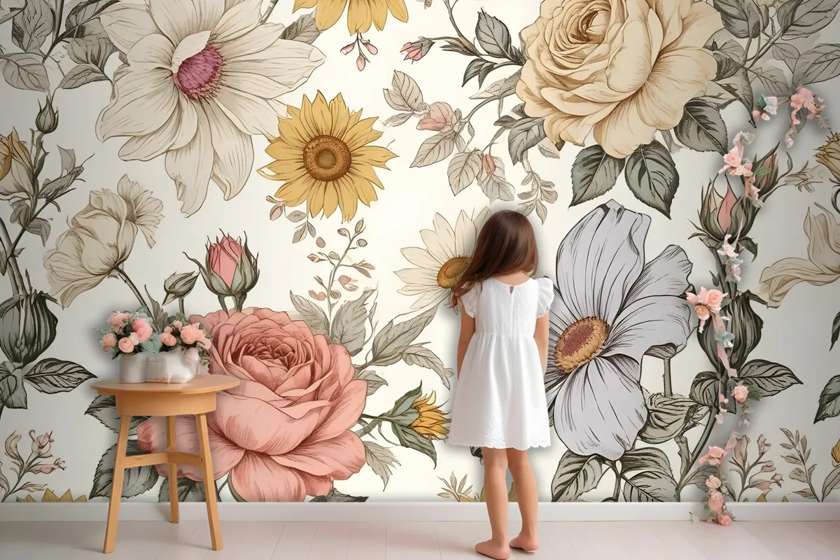 Kids Peony And Daisy Floral Wallpaper Mural