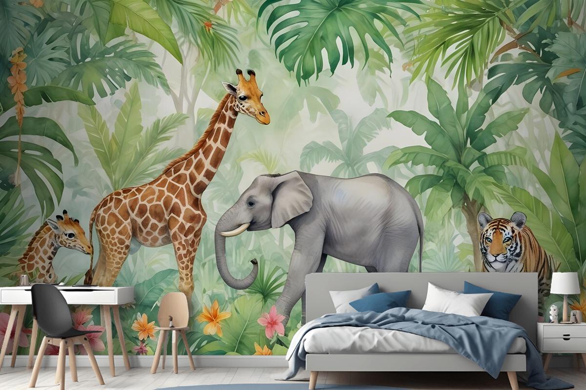 Kids Safari Watercolor Tropical Forest Jungle Animals Wallpaper Mural