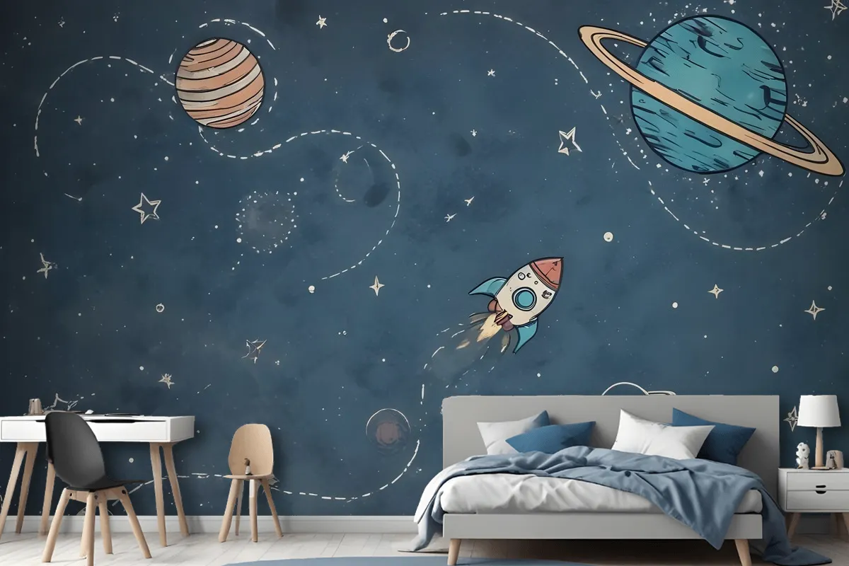 Kids Shining Cartoon Space With White Stripe Wallpaper Mural