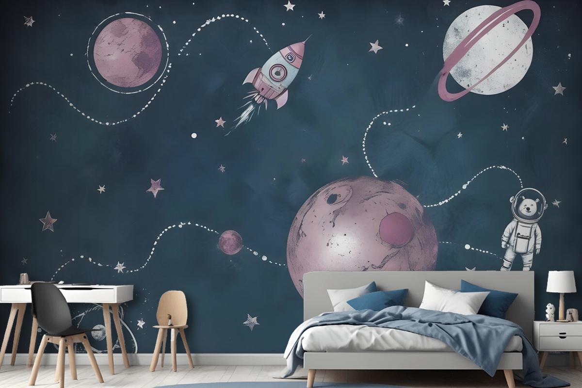 Kids Shining Space With Watercolor Bear Astronaut Wallpaper Mural