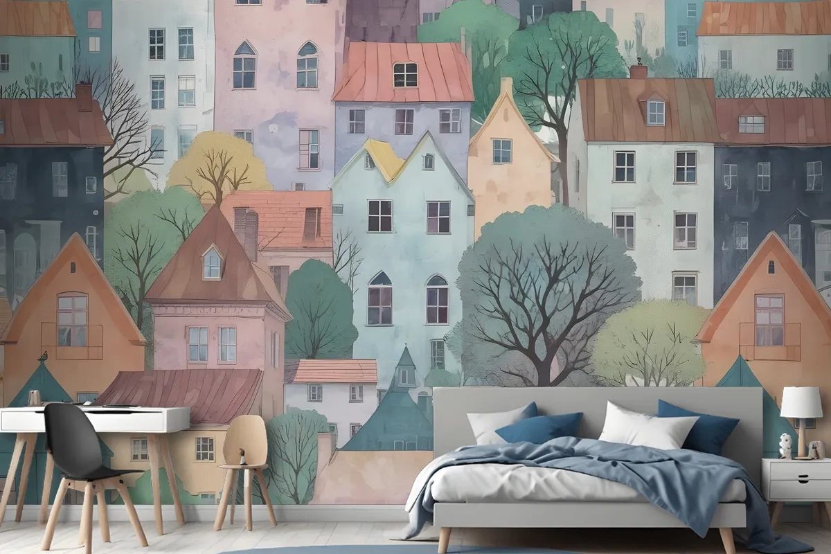 Kids Small Town Cute Watercolor House Wallpaper Mural