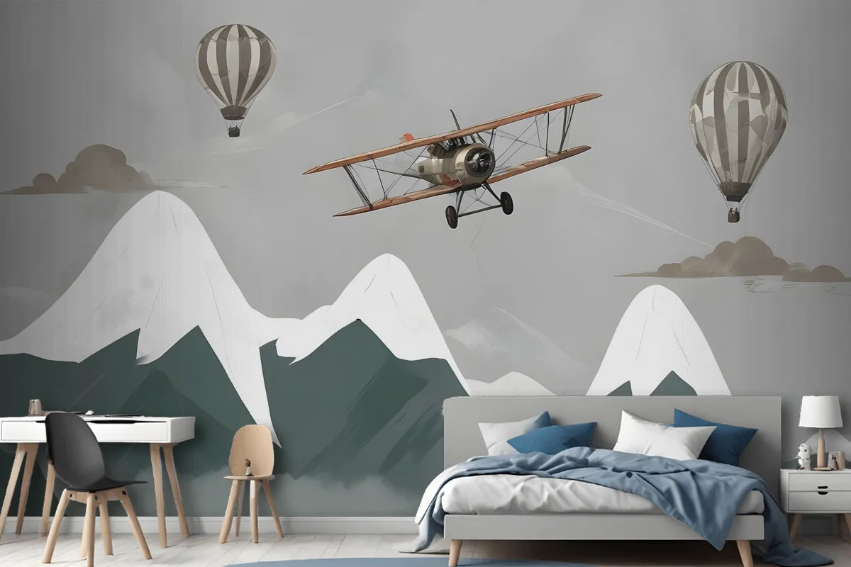 Kids Snowy Mountain With Plane And Balloons Wallpaper Mural