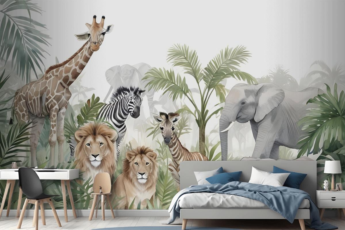 Kids Tropical Animals With Leafs Wallpaper Mural