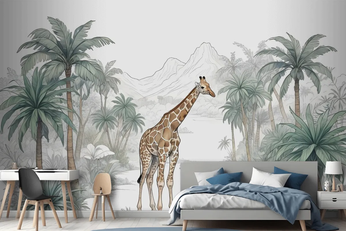 Kids Tropical Animals With Mountain Wallpaper Mural