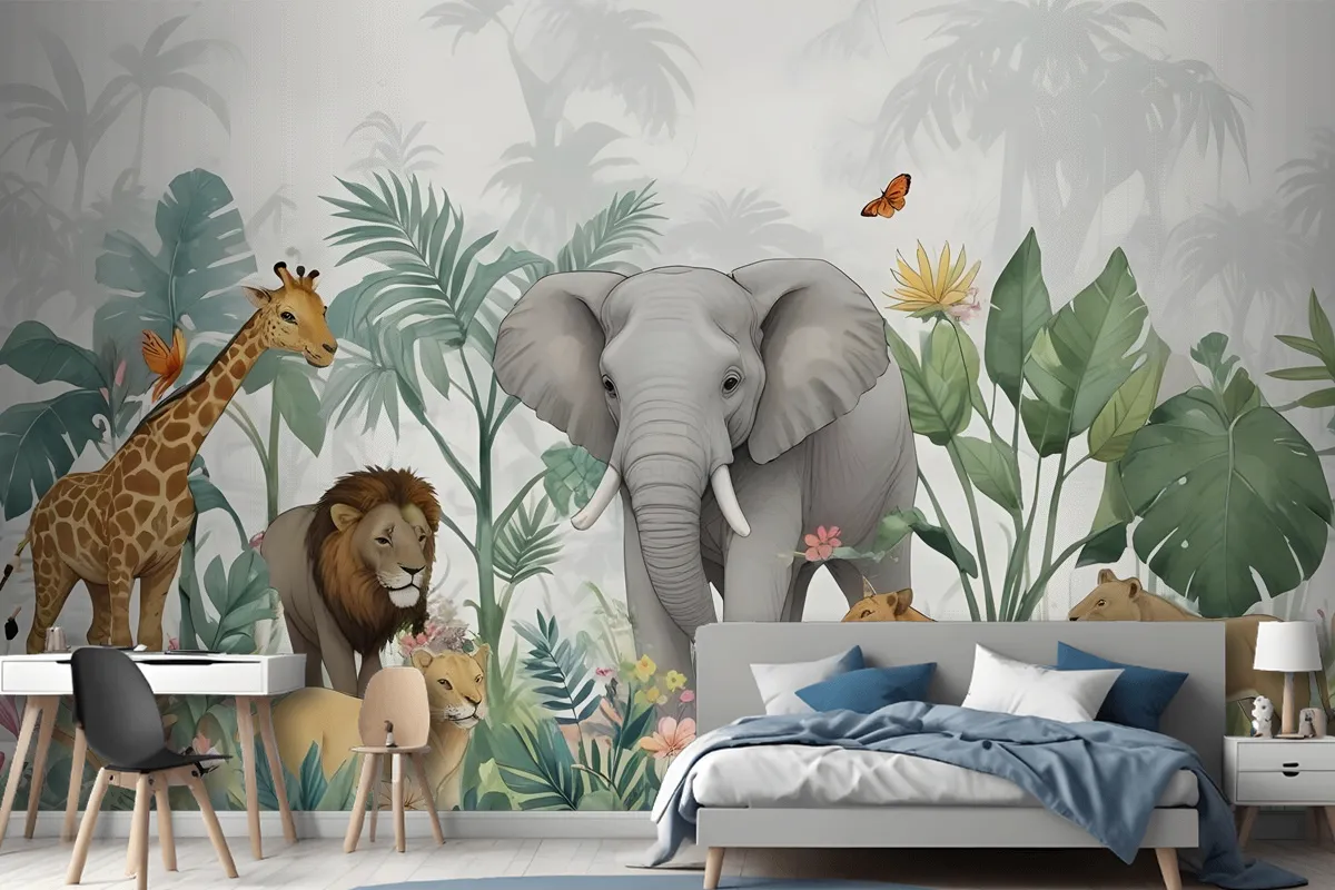 Kids Tropical Safari Animals With Green Leafs Wallpaper Mural