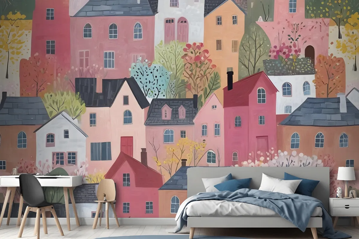 Kids Watercolor Cute Town House Wallpaper Mural