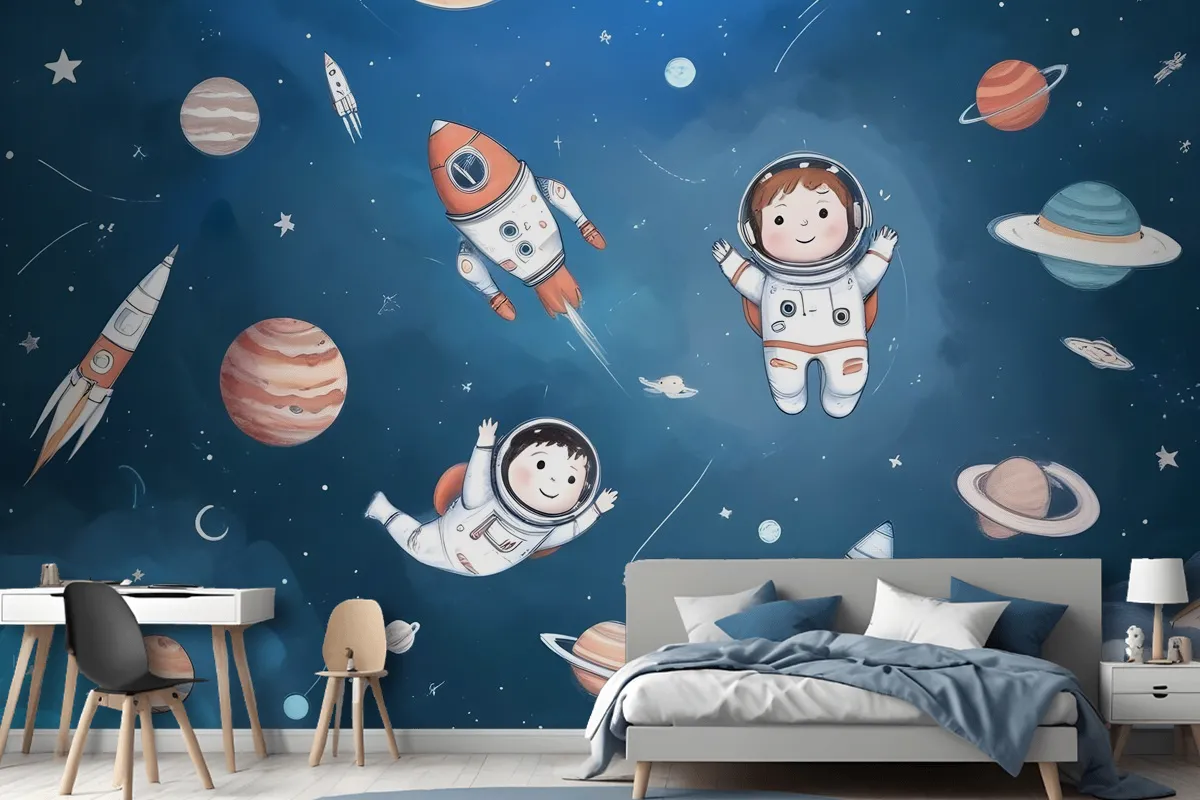 Kids Watercolor Space With Planets Wallpaper Mural