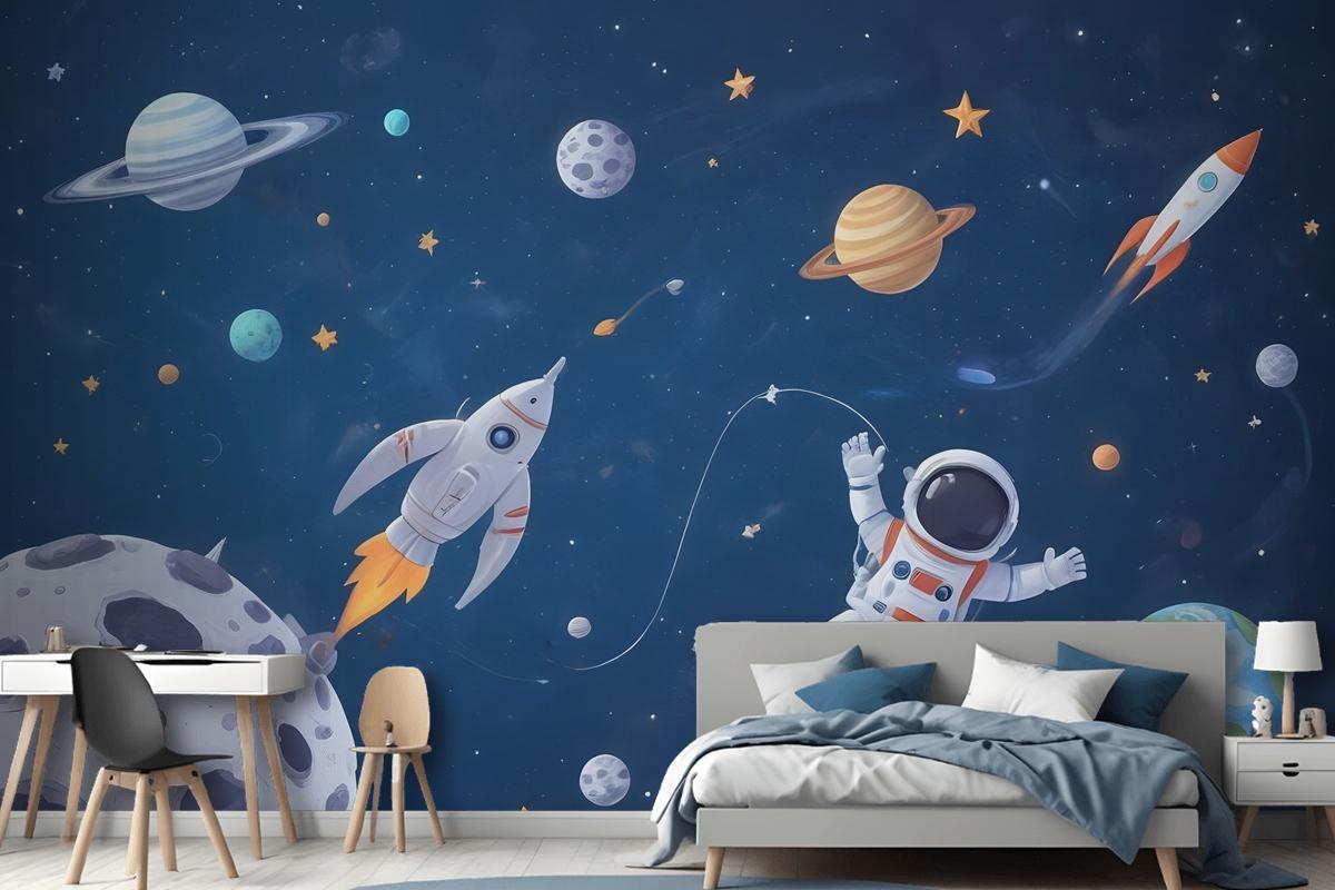 Kids Watercolor Space With Spaceship And Astronaut Wallpaper Mural