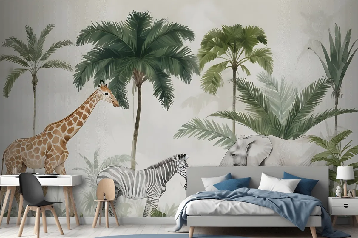 Kids Wild Tropical Animals With Palm Trees Wallpaper Mural