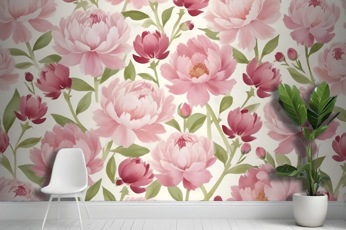 Large Pink Peony Flowers With Green Leaves On A Light Wallpaper Mural